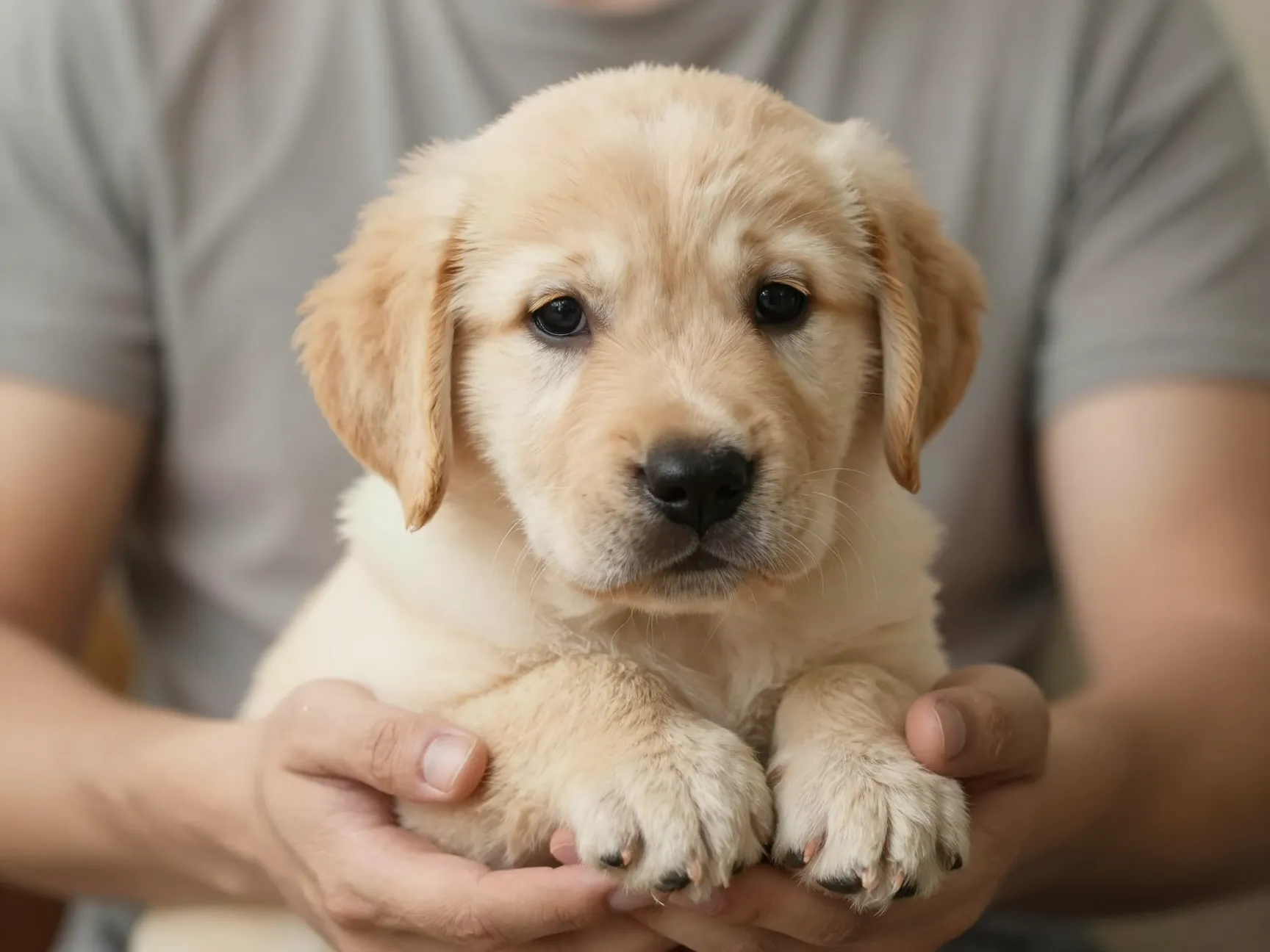 Medium large goldador puppy cradled in a mans hands