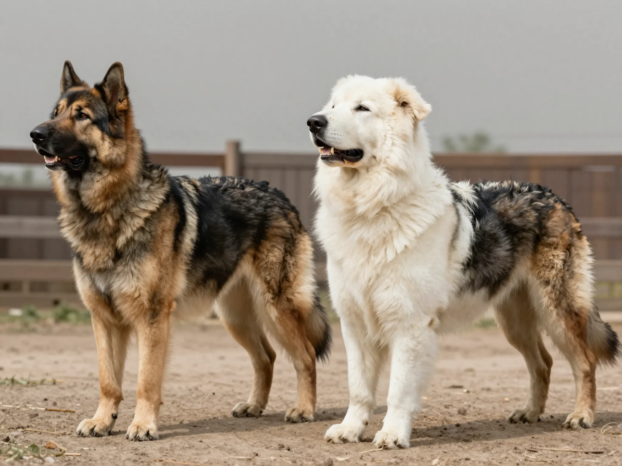 Athletic kangal versus massive caucasian shepherd side by side