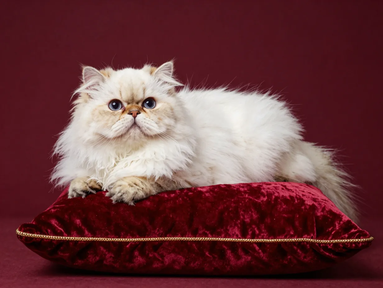 Glamorous persian cat lounging on velvet castle cushion