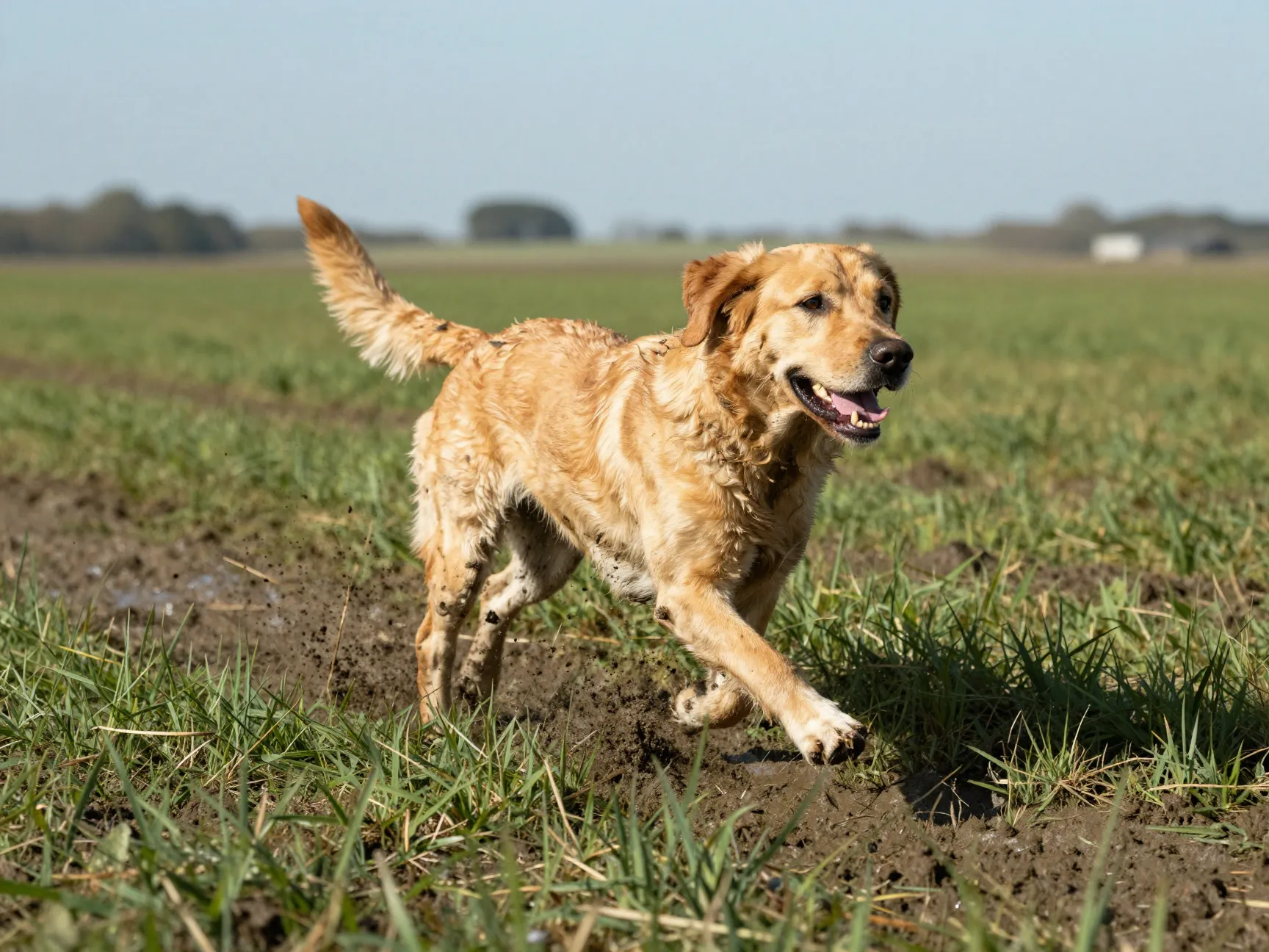 Goldador running energetically through a muddy field