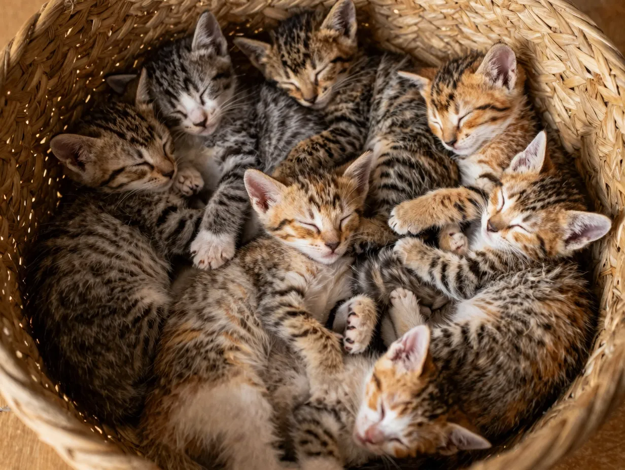 Eight tiny kittens piled sleeping together woven basket