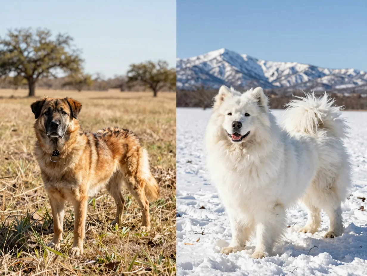 Kangal dog short coat in texas heat versus fluffy great pyrenees
