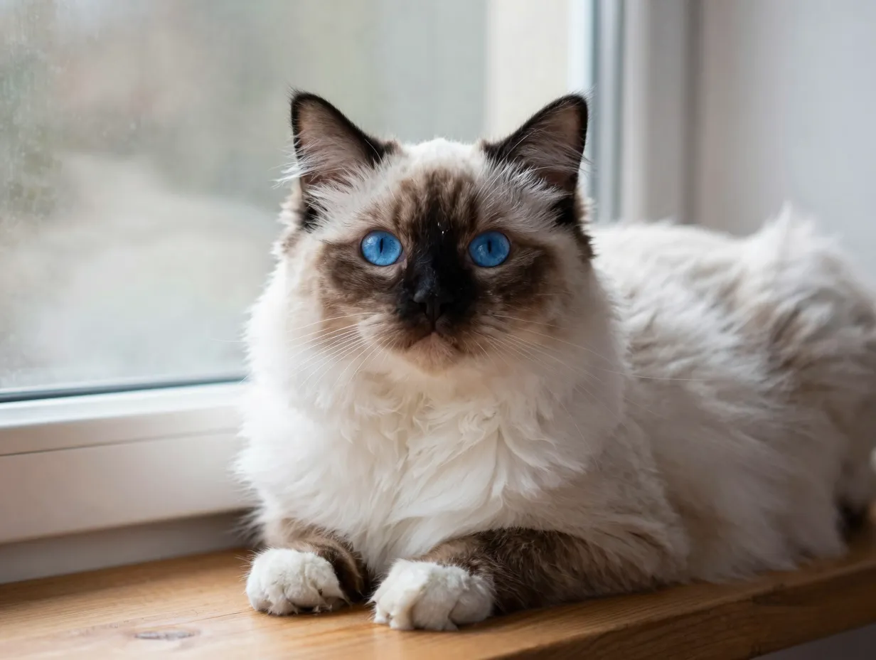 Serene ragdoll cat with vivid blue eyes on windowsill