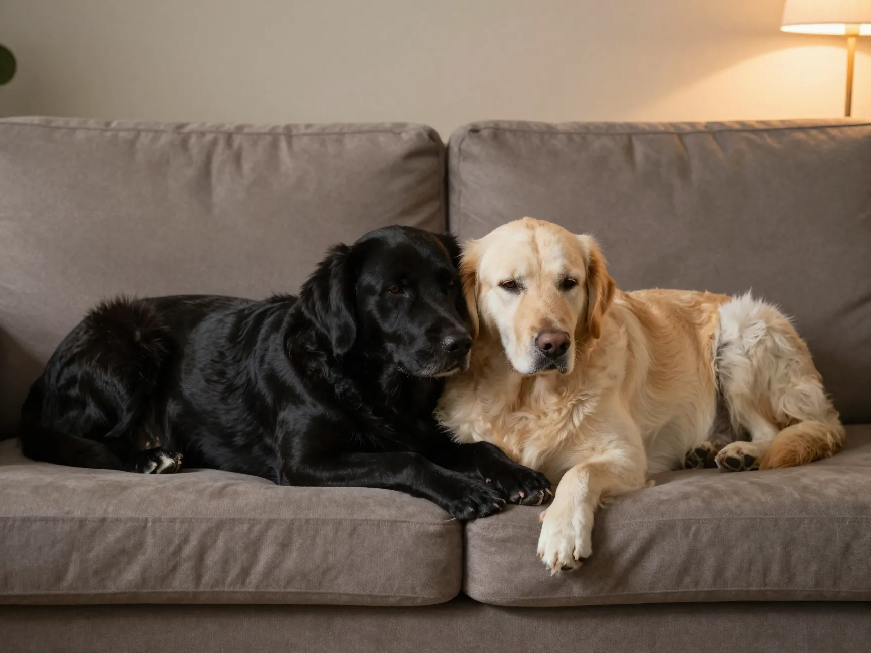 Two goldadors of different colors resting on a couch
