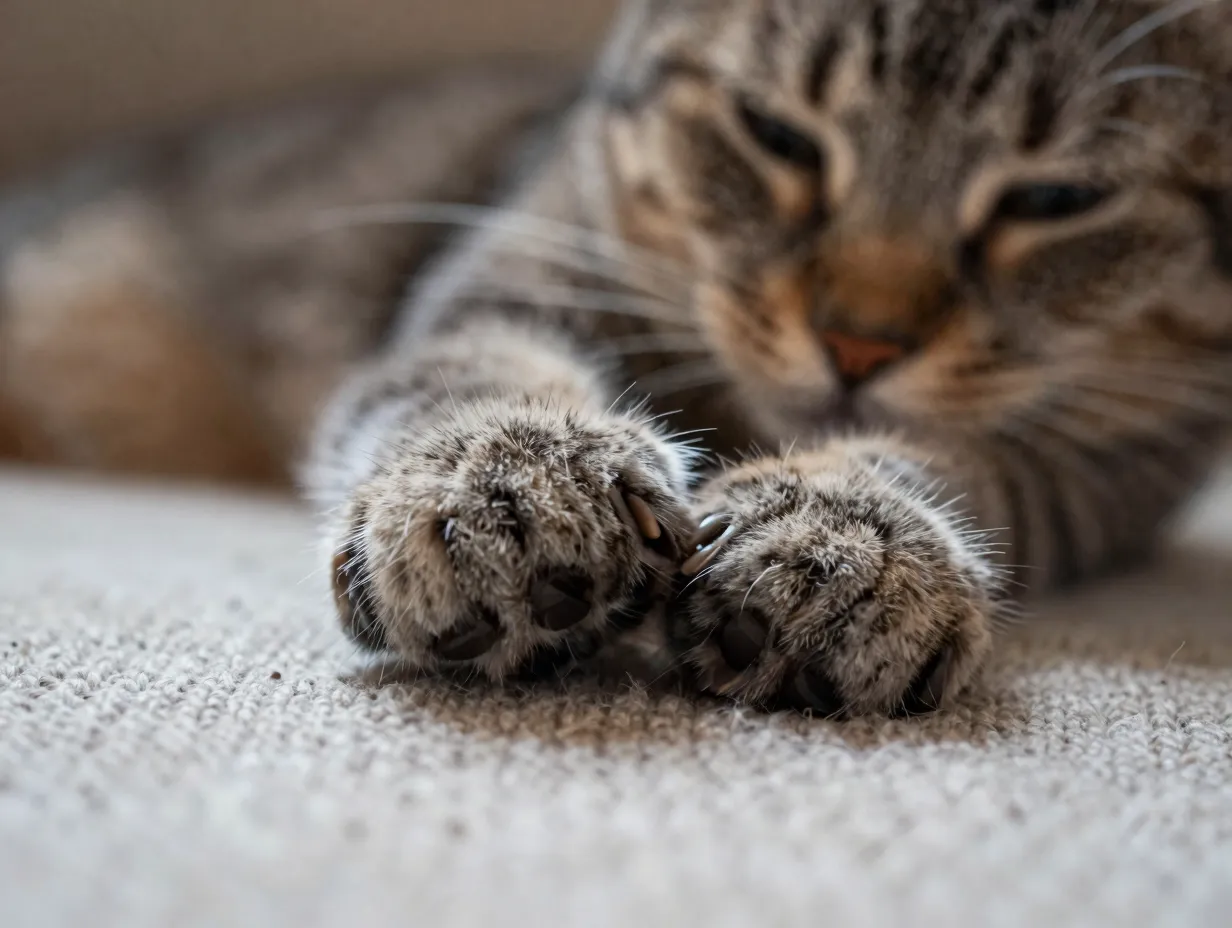 Cat paws kneading soft blanket blissful close up