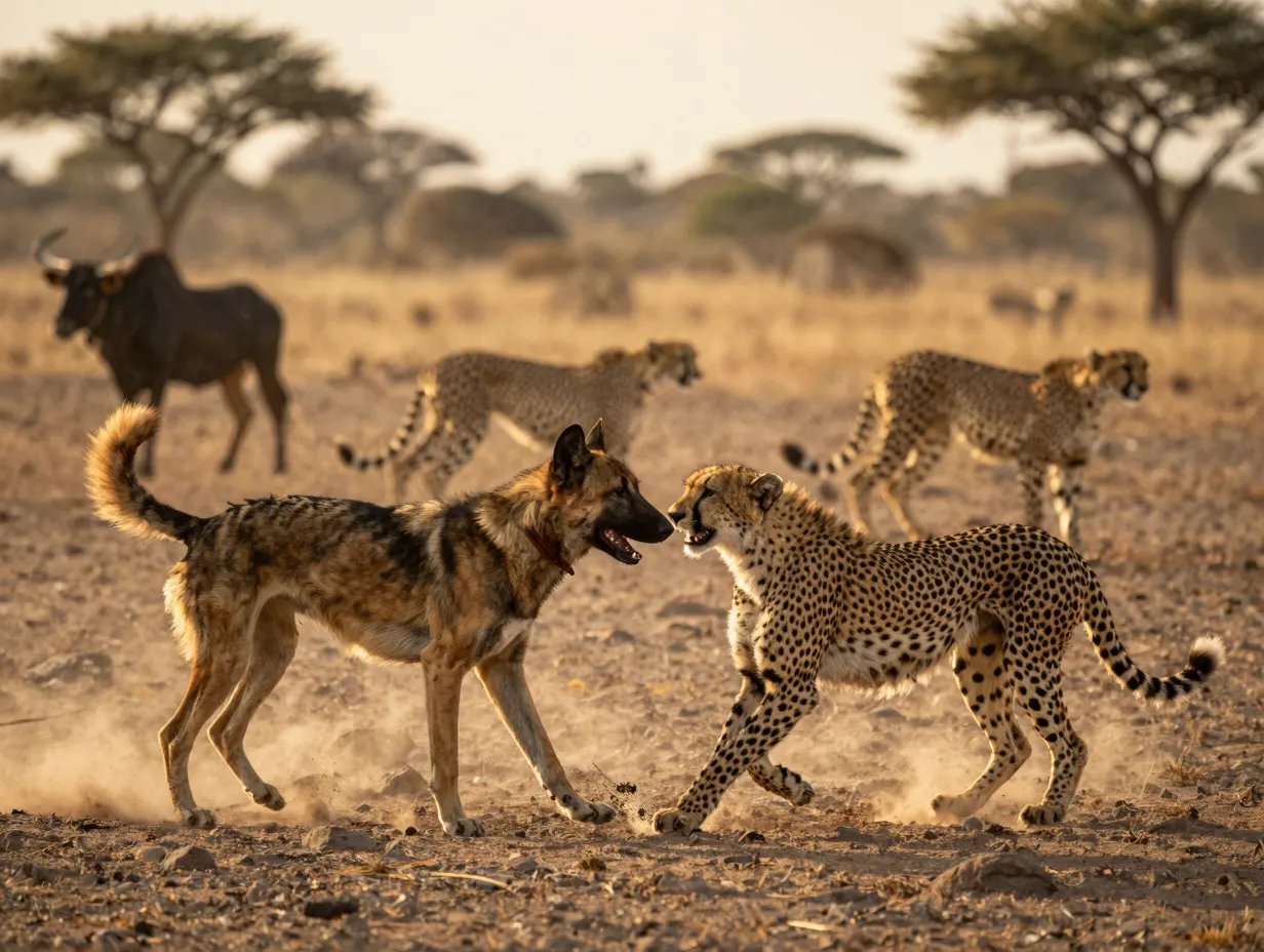 Kangal dog confronting cheetah in african conservation program