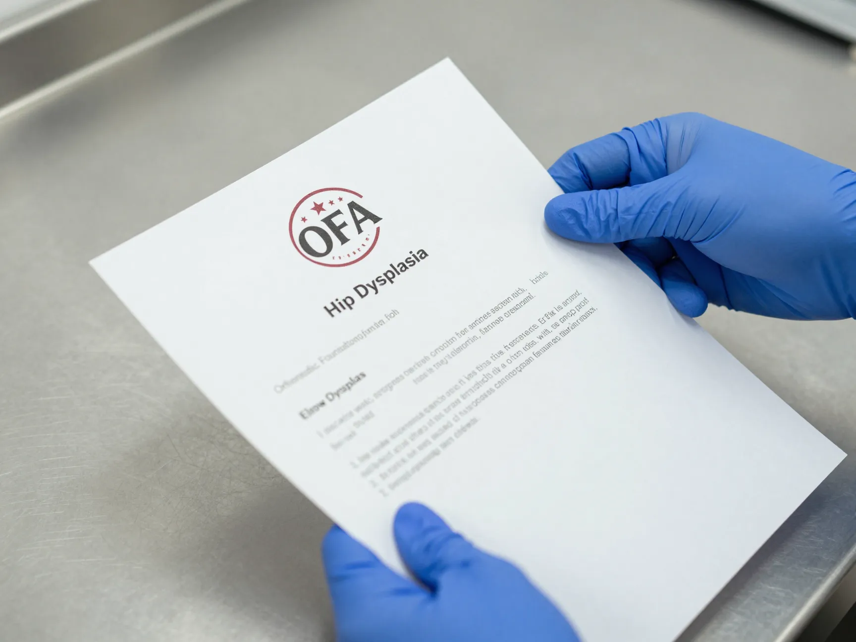 Veterinary hand holding a document with ofa certification stamp
