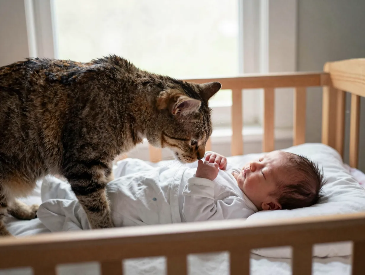Adult cat gently sniffing sleeping newborn baby crib