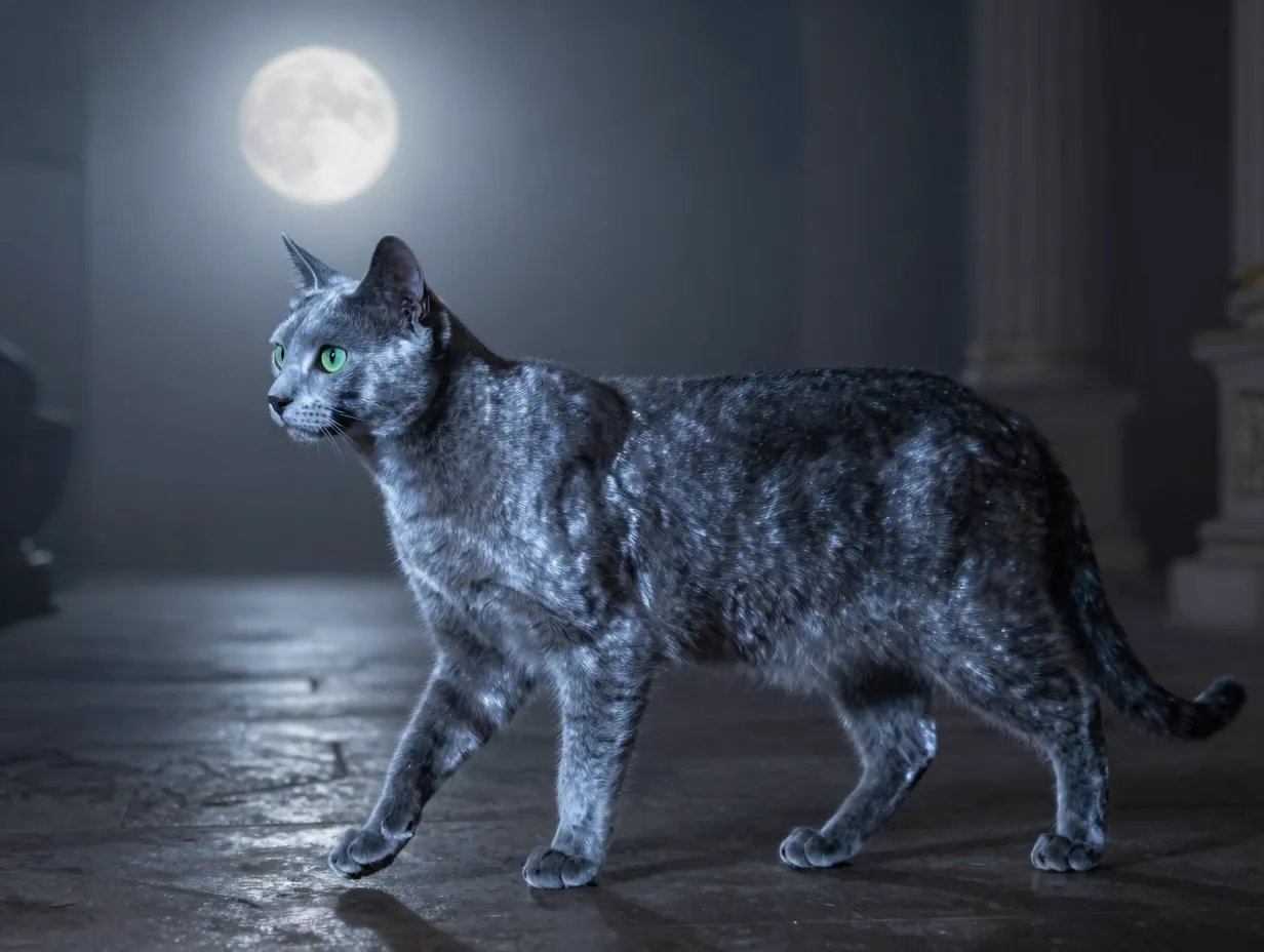 Ethereal russian blue cat in moonlit misty palace corridor