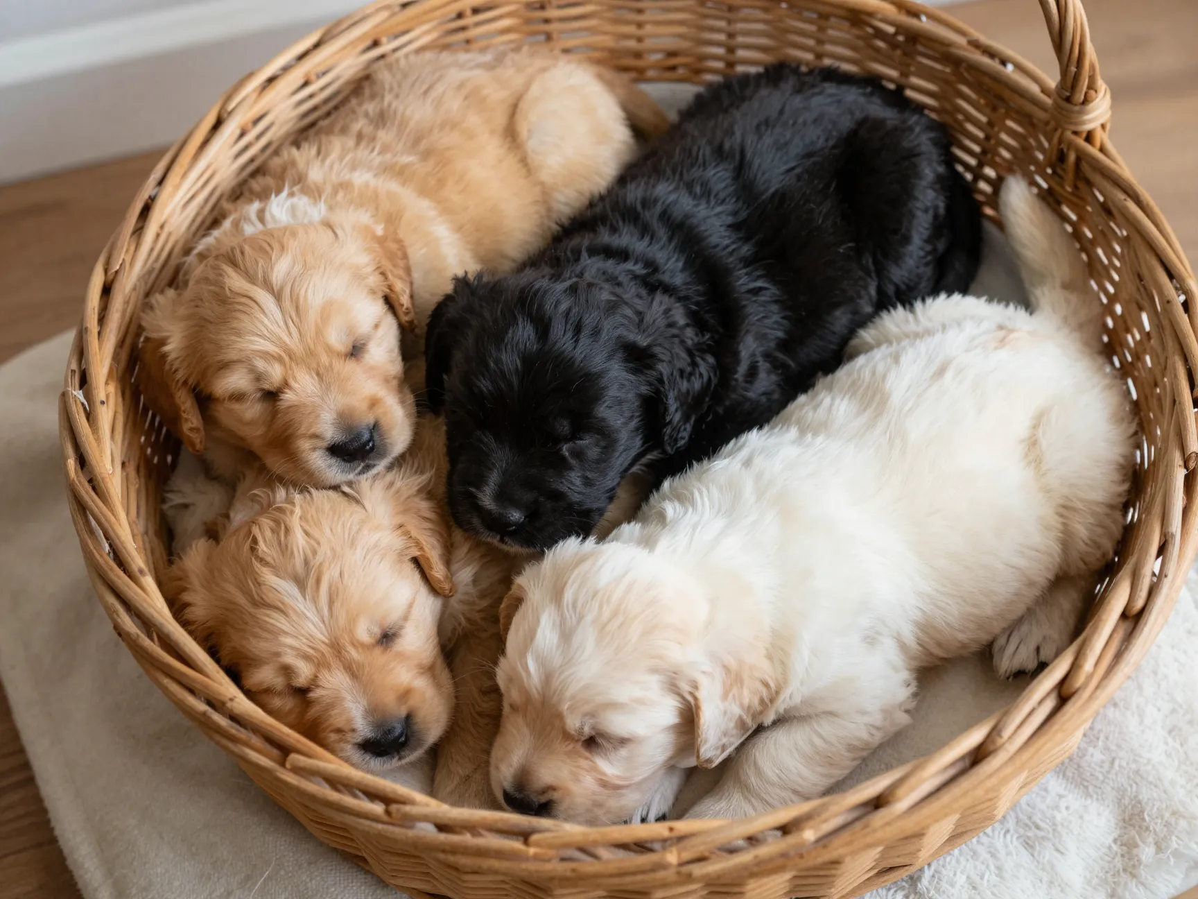 Goldador puppies in a wicker basket with gold black and white coats