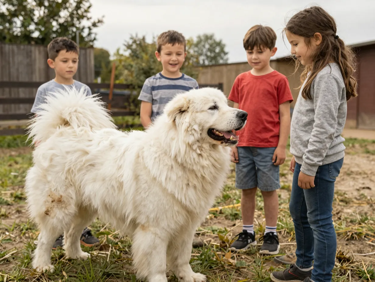Great pyrenees interacting gently with children on farm