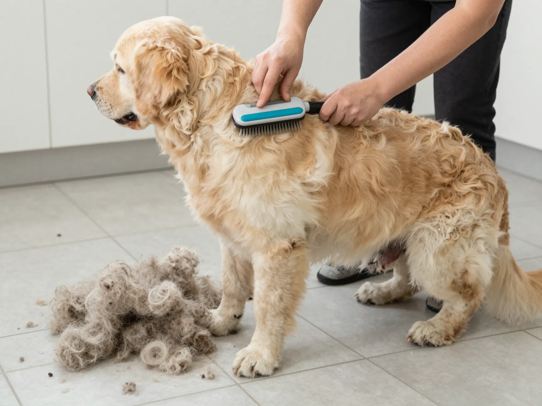 Person brushing a shedding goldador with a deshedding tool