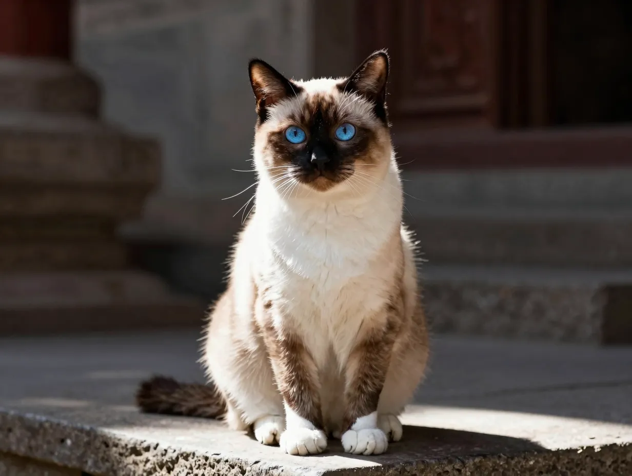 Sacred birman cat with white gloves in temple sunlight