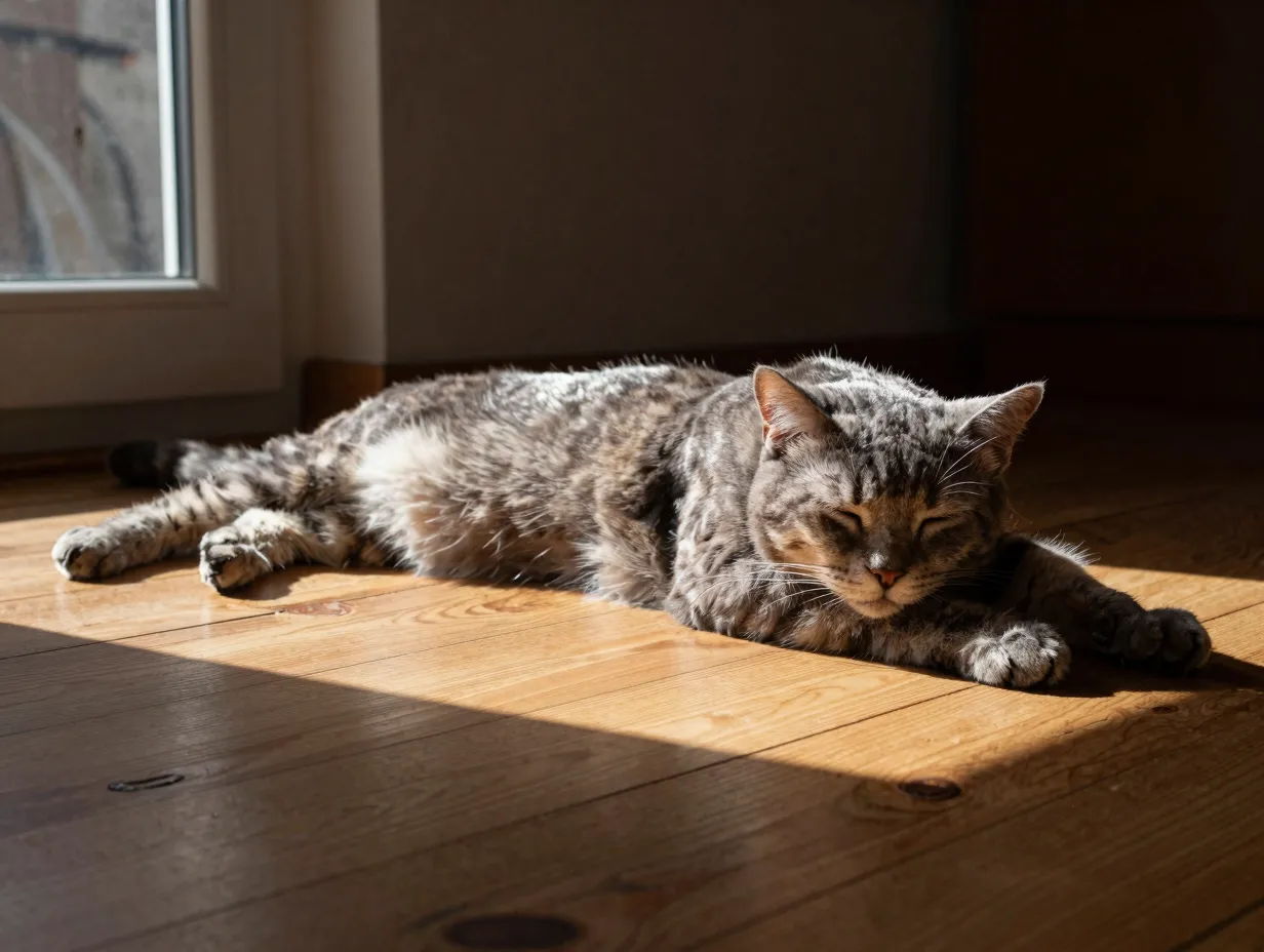 Senior grey muzzled cat sunbeam stretched out floor