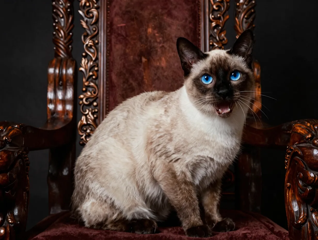 Dramatic siamese cat with high contrast markings on throne