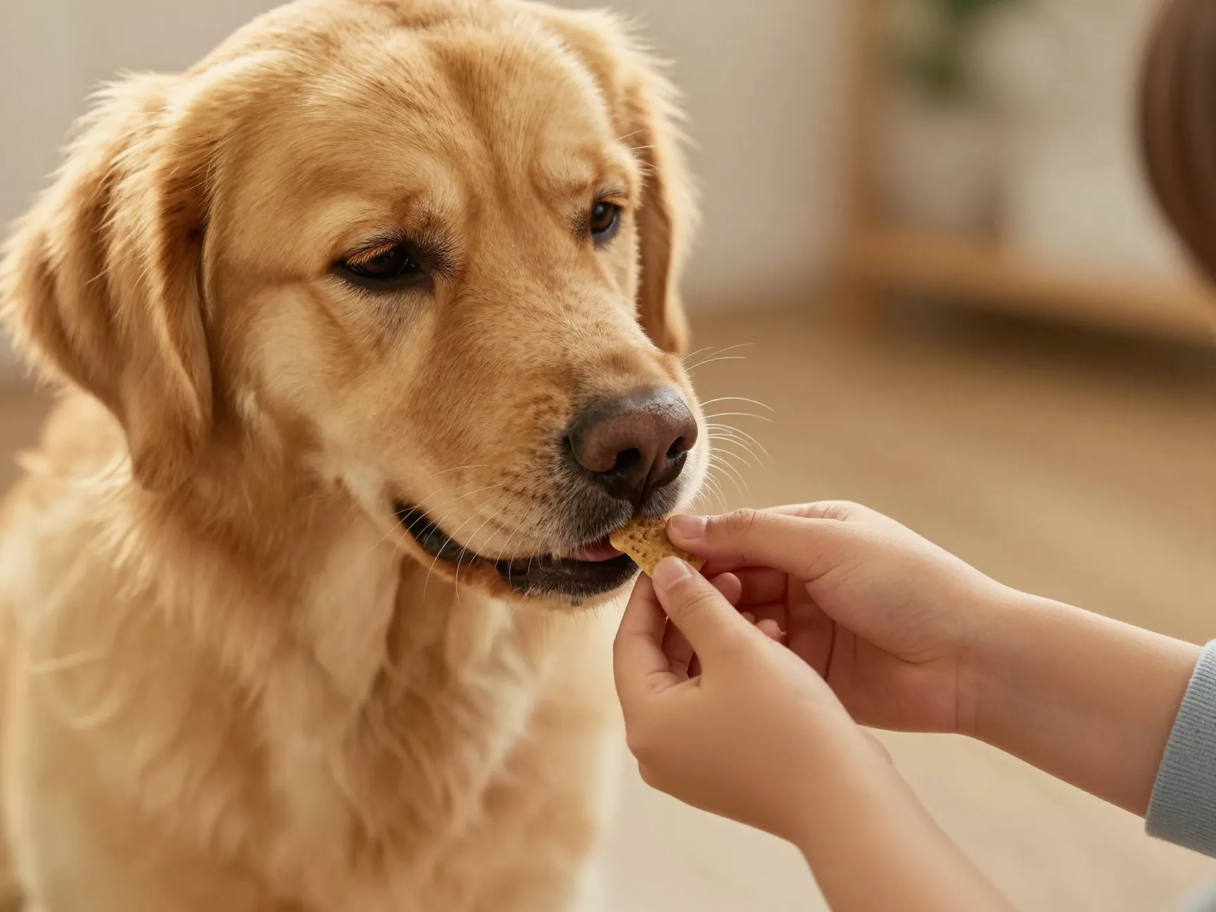 Goldador gently taking a treat from a small childs hand