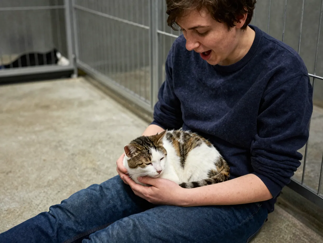 Shelter cat chooses human curled lap adoption moment