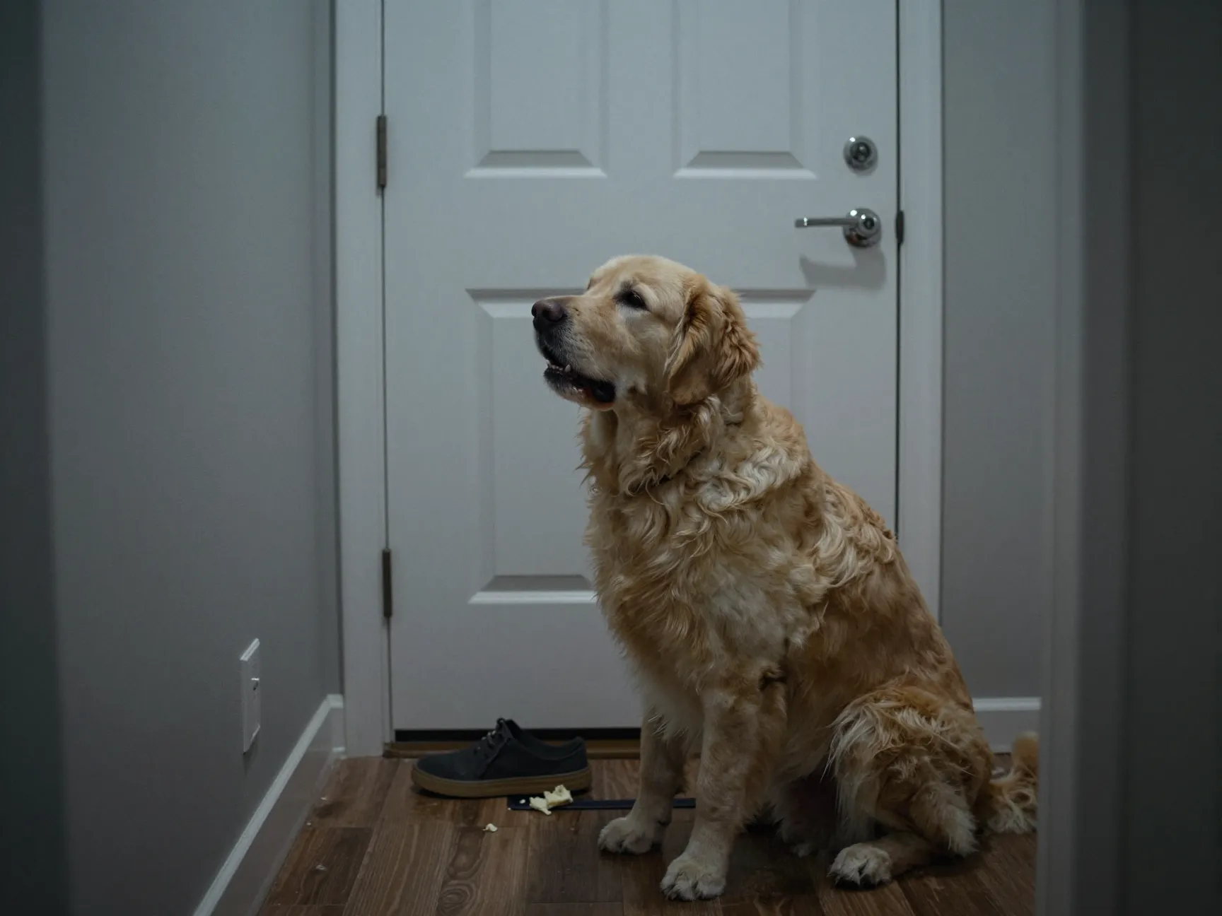 Anxious goldador whining at a closed front door