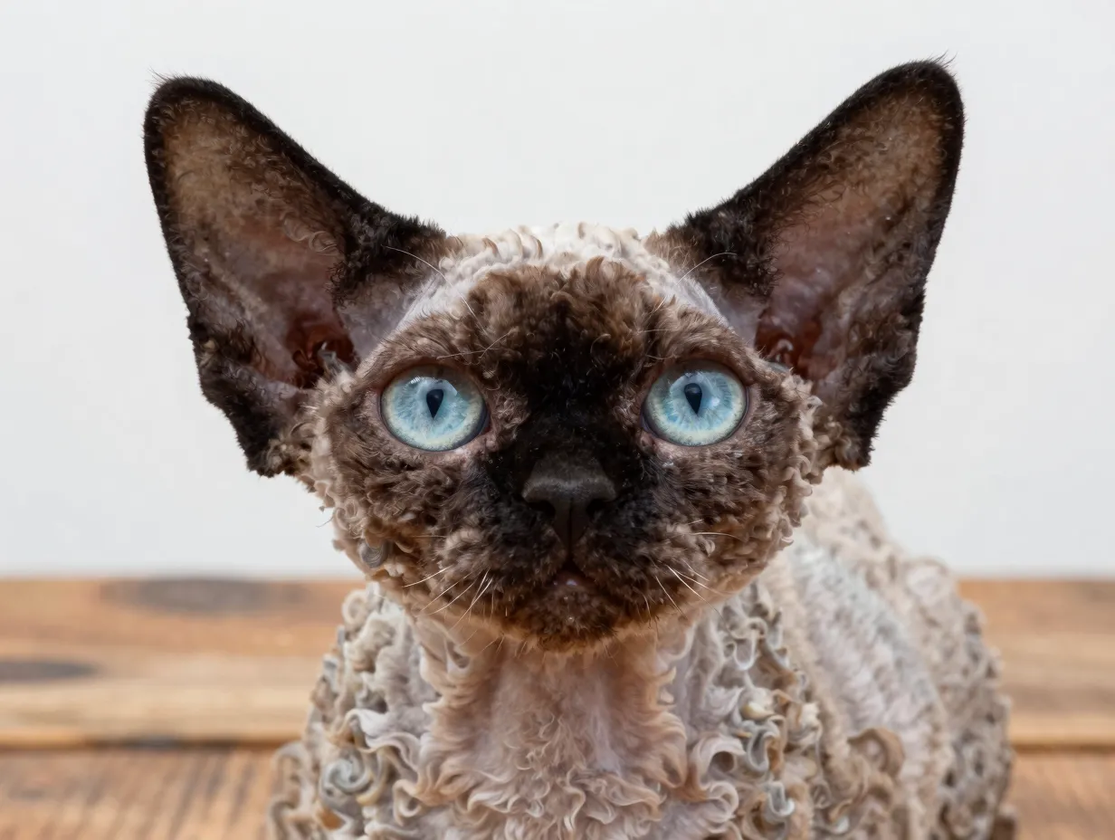 Pixie like devon rex with bat ears and wavy velvet coat