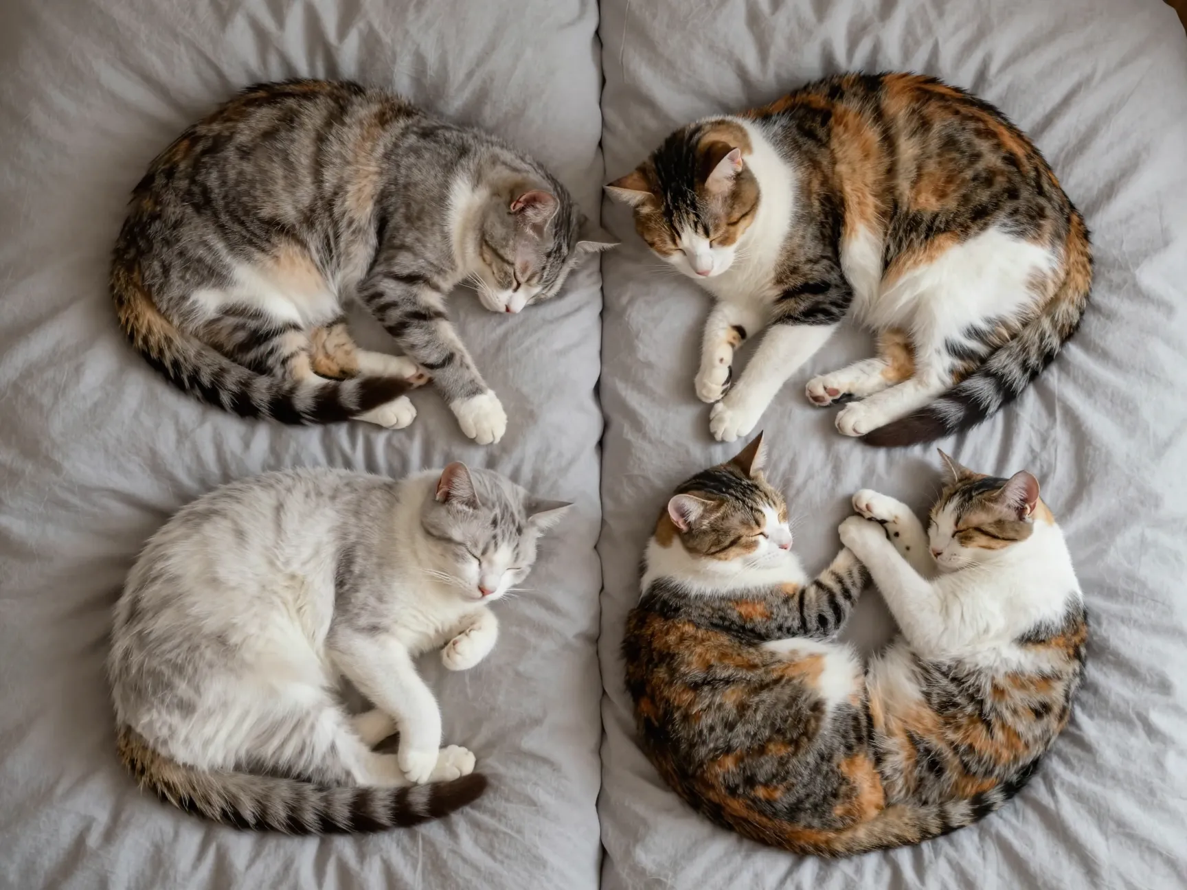 Two cats sleeping mirrored position symmetrical bond