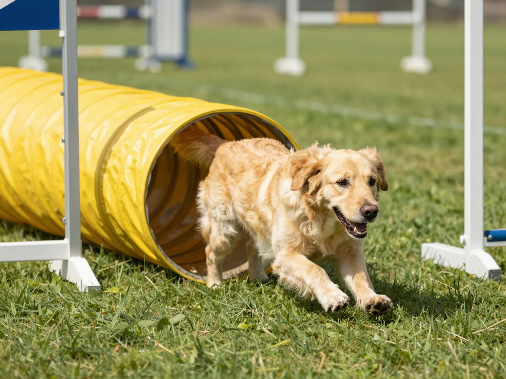 Goldador completing an agility tunnel in a training field