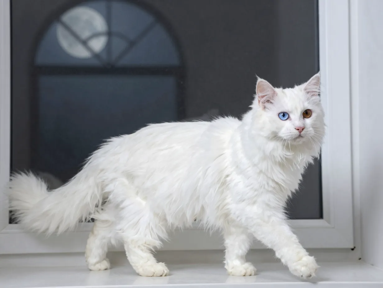 Luminous white turkish angora with odd eyes by window