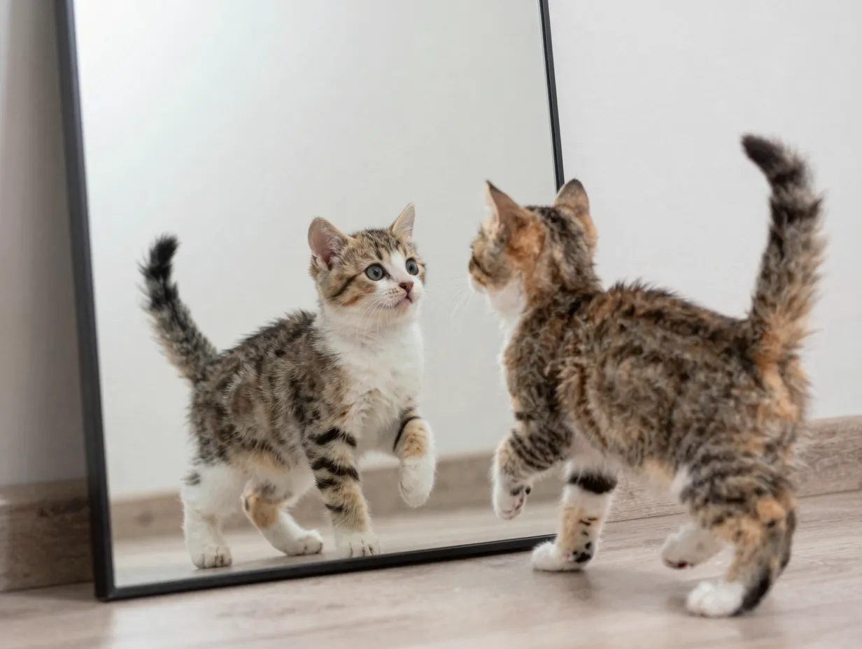 Tiny kitten startled sideways hop own mirror reflection