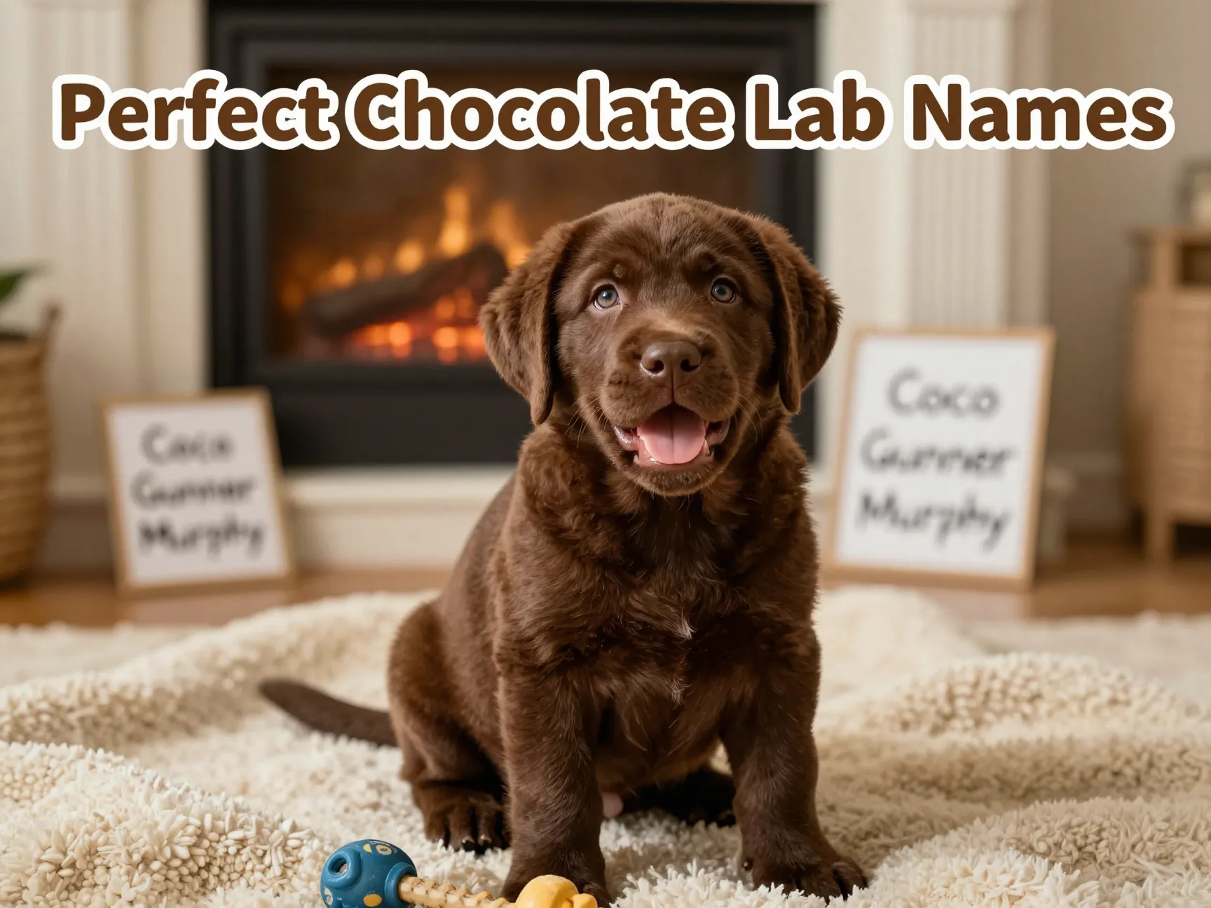 Adorable chocolate labrador puppy with suggested names on card