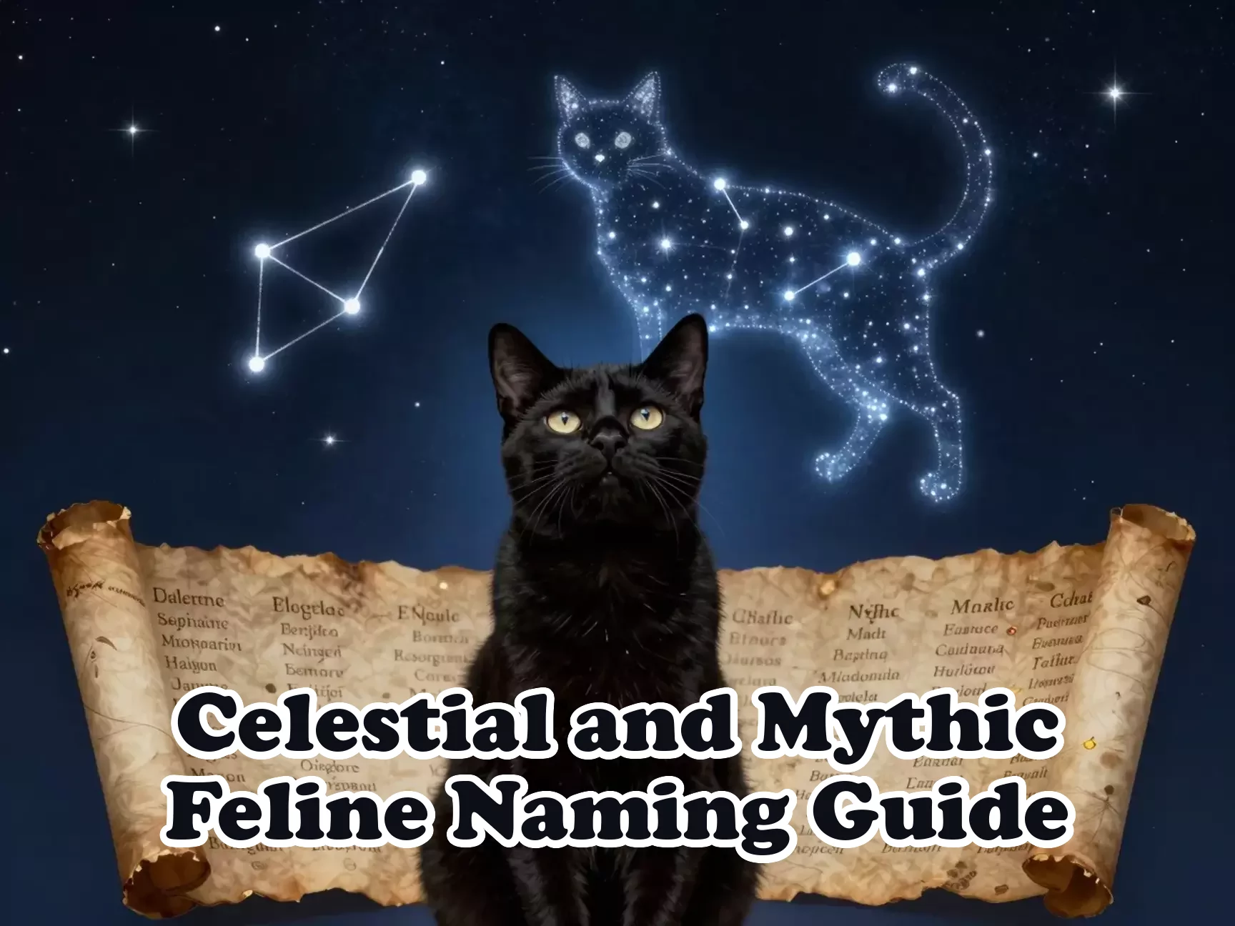 Majestic black cat constellation scroll mythic name guide main