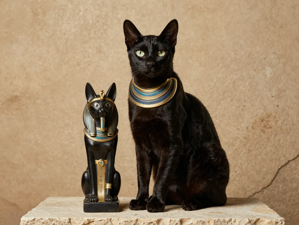 Bast egyptian goddess black cat sitting calmly on textured stone