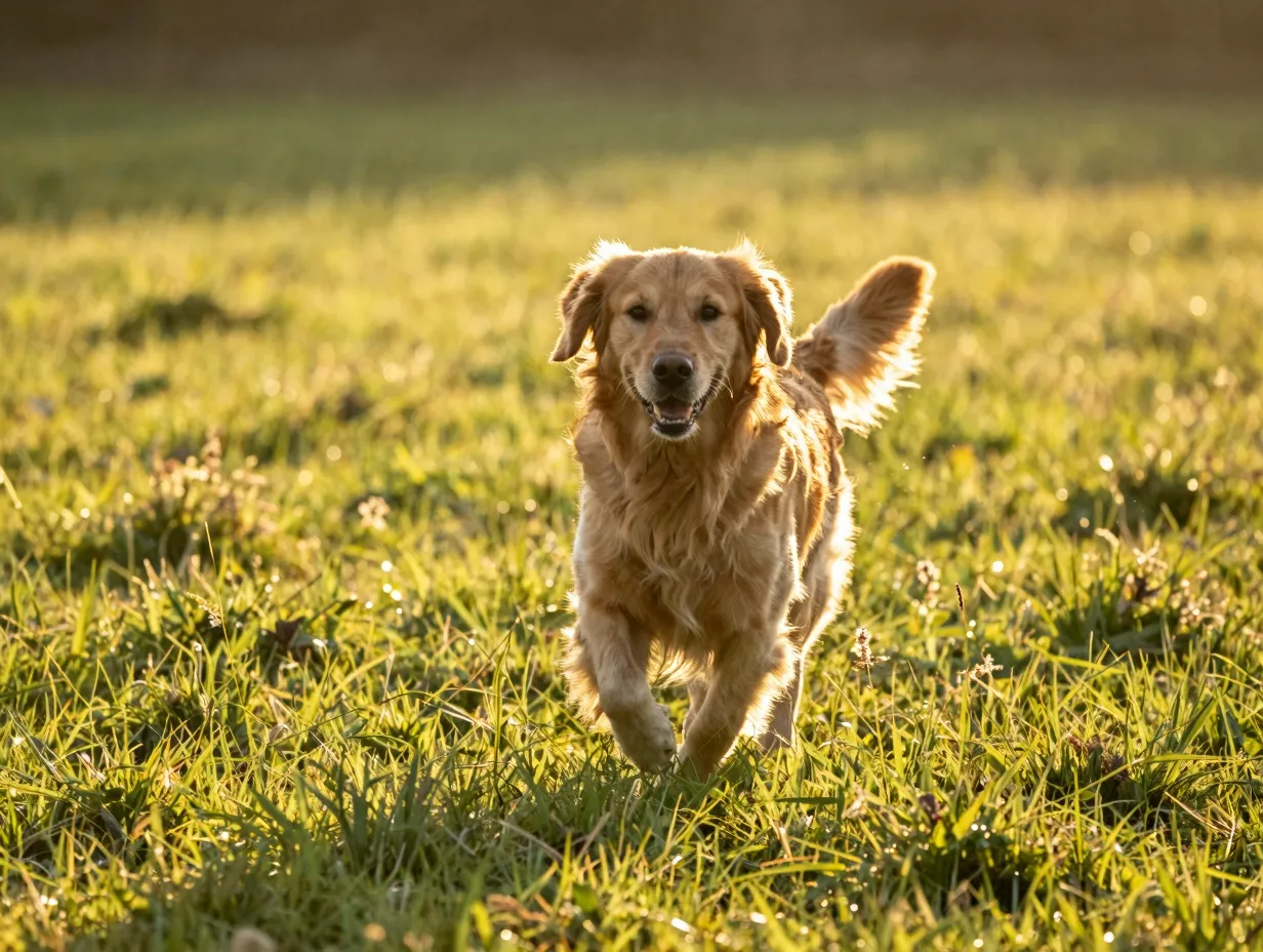 Golden retriever bounding in sunlit meadow with golden hour glow