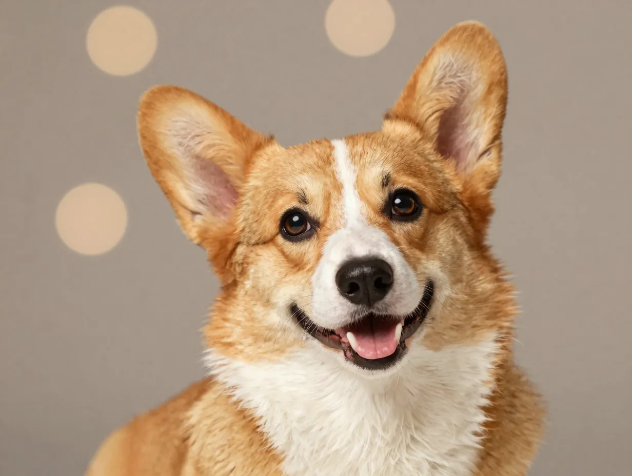 Close up smiling corgi portrait with soft blurred bokeh background