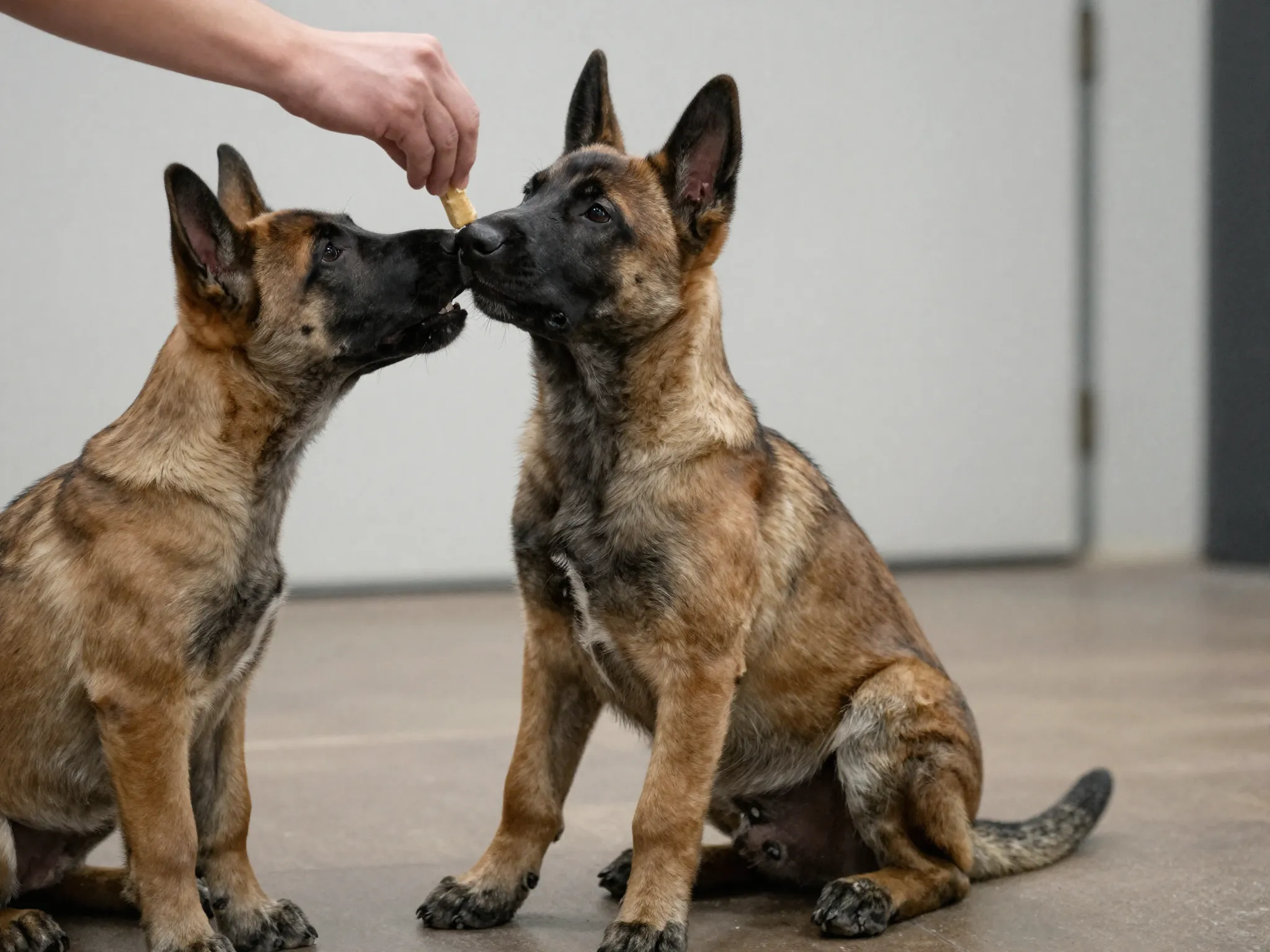 Luring belgian malinois puppy into sit position with treat before verbal cue