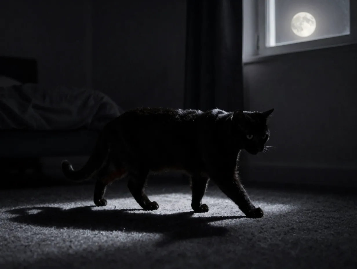 Nyx black cat silently walking through dark shadowy room