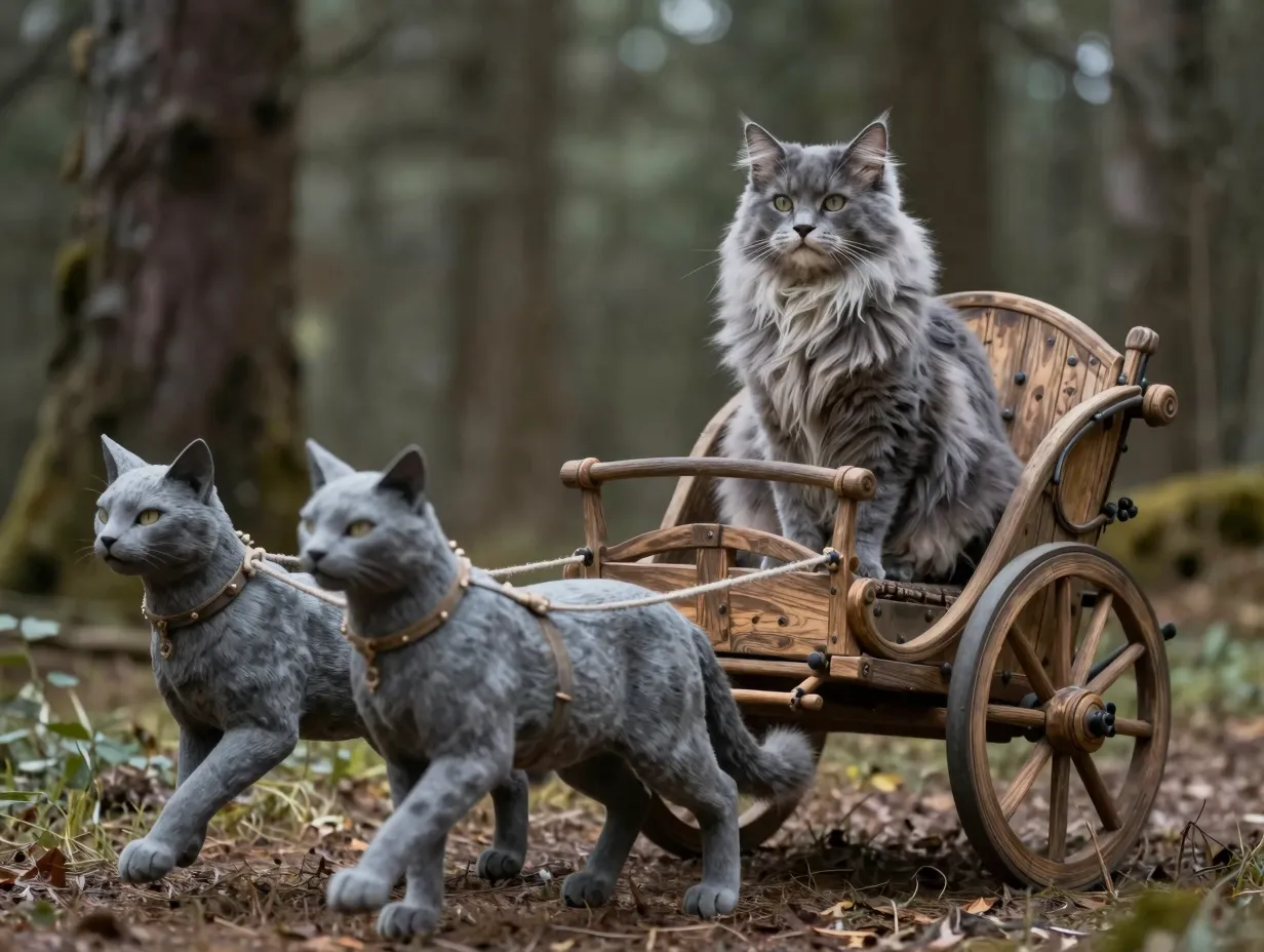 Freya grey norwegian forest cat sitting on chariot pulled by cats