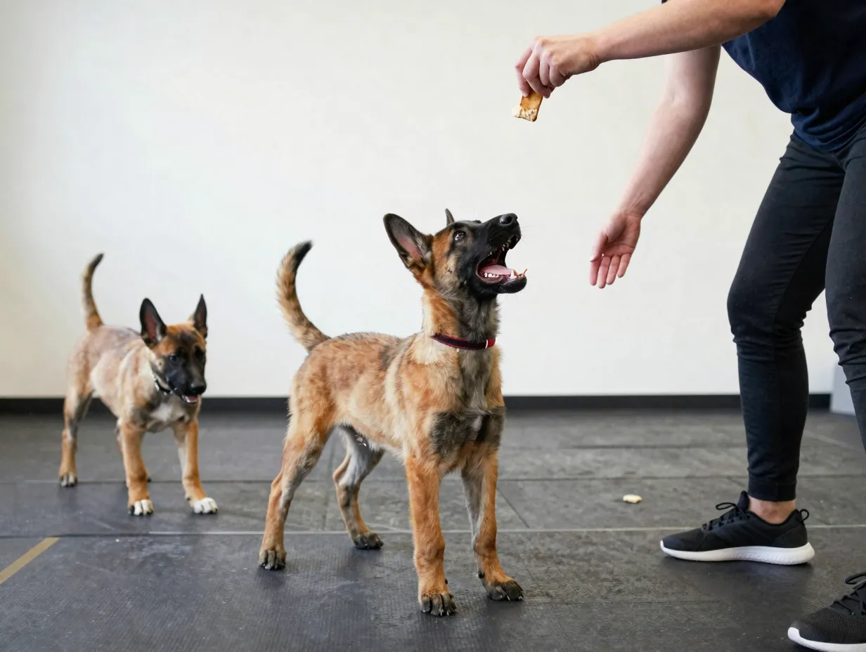 Short high energy belgian malinois puppy training session ending on a win