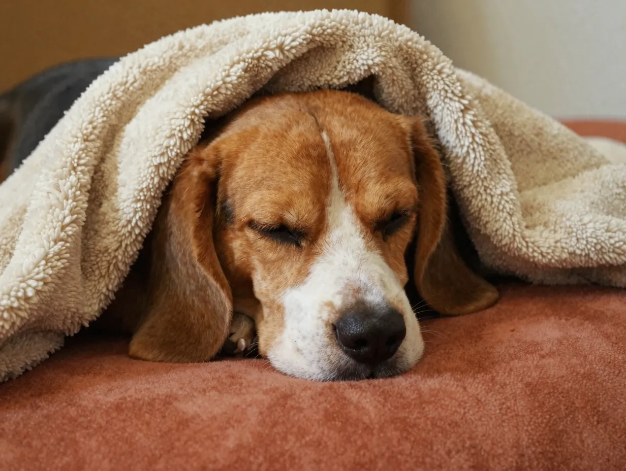 Sleepy beagle curled in cozy blanket with warm soothing tones