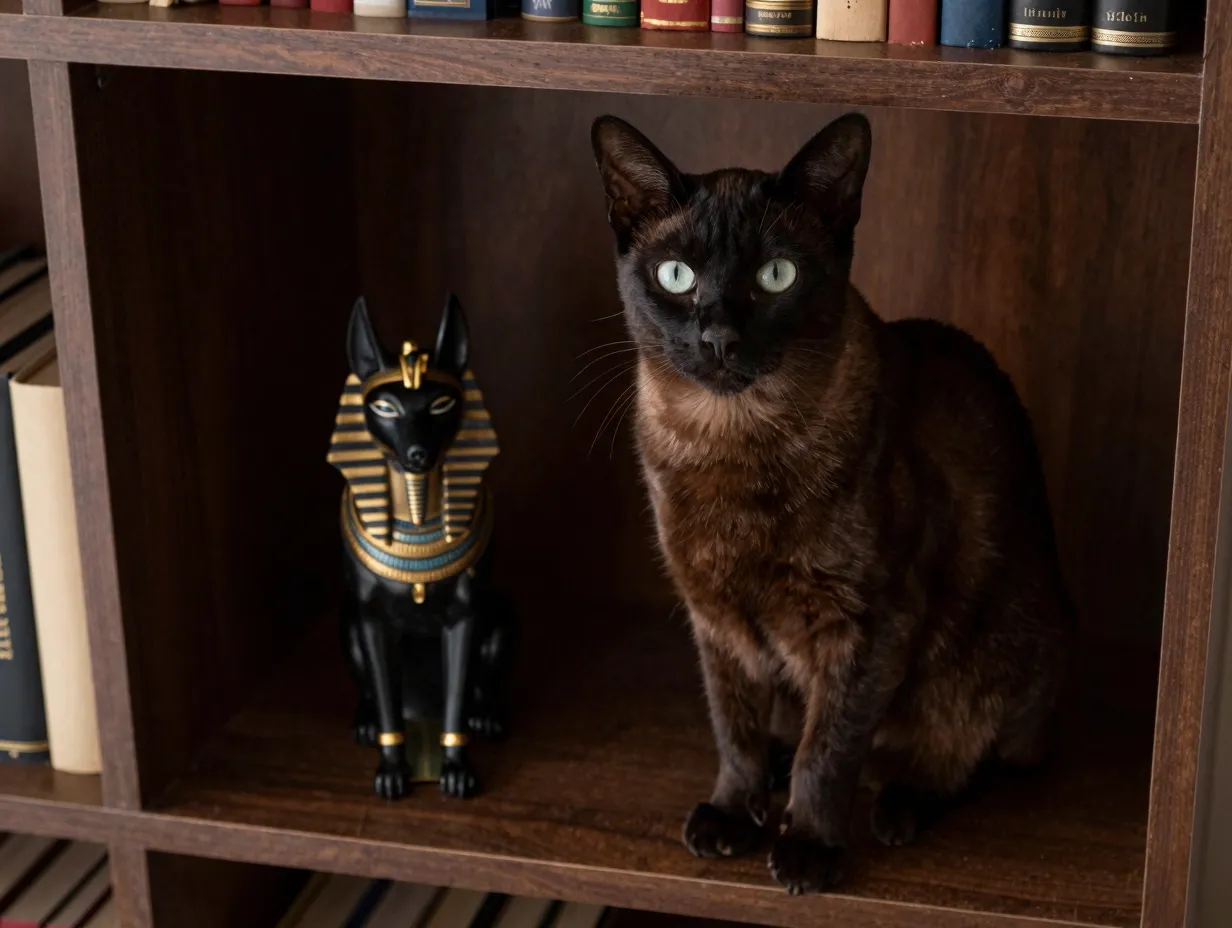 Anubis black bombay cat observing from high dignified perch