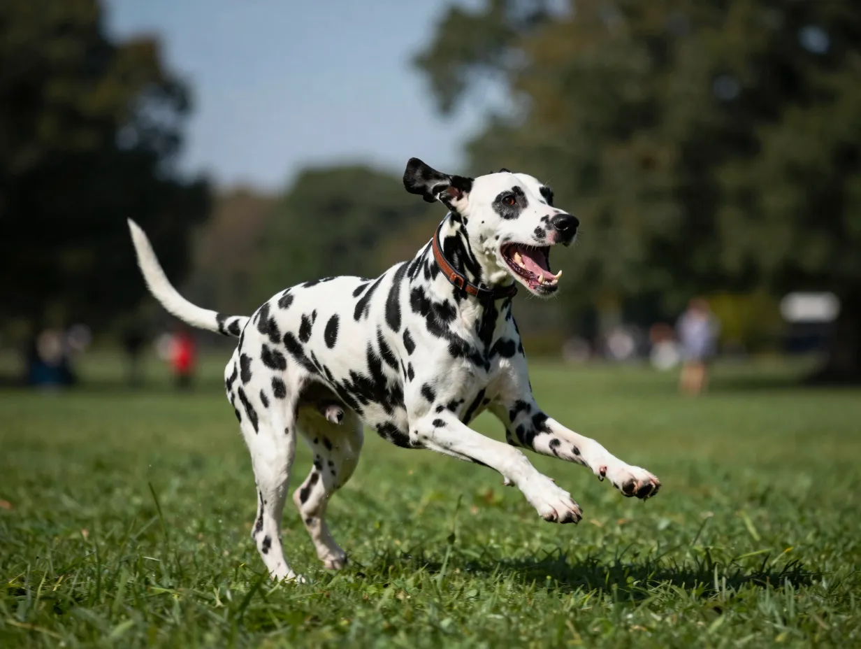 Playful dalmatian action shot with motion blur in green park