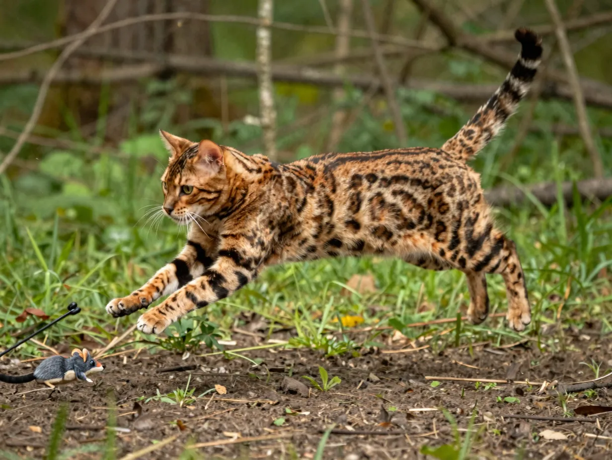 Artemis bengal cat leaping pouncing hunting toy in forest