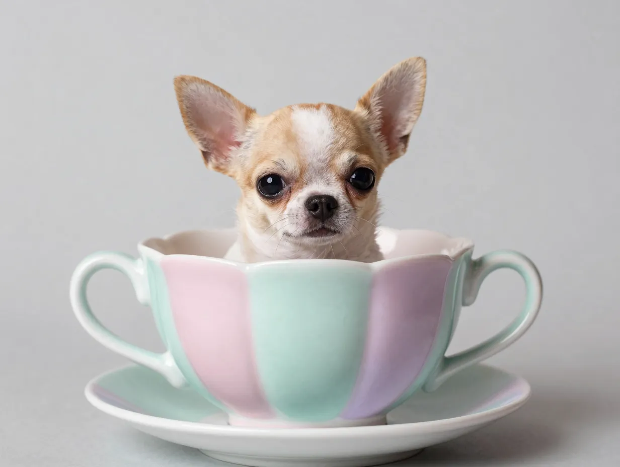 Tiny chihuahua nestled in pastel colored oversized teacup