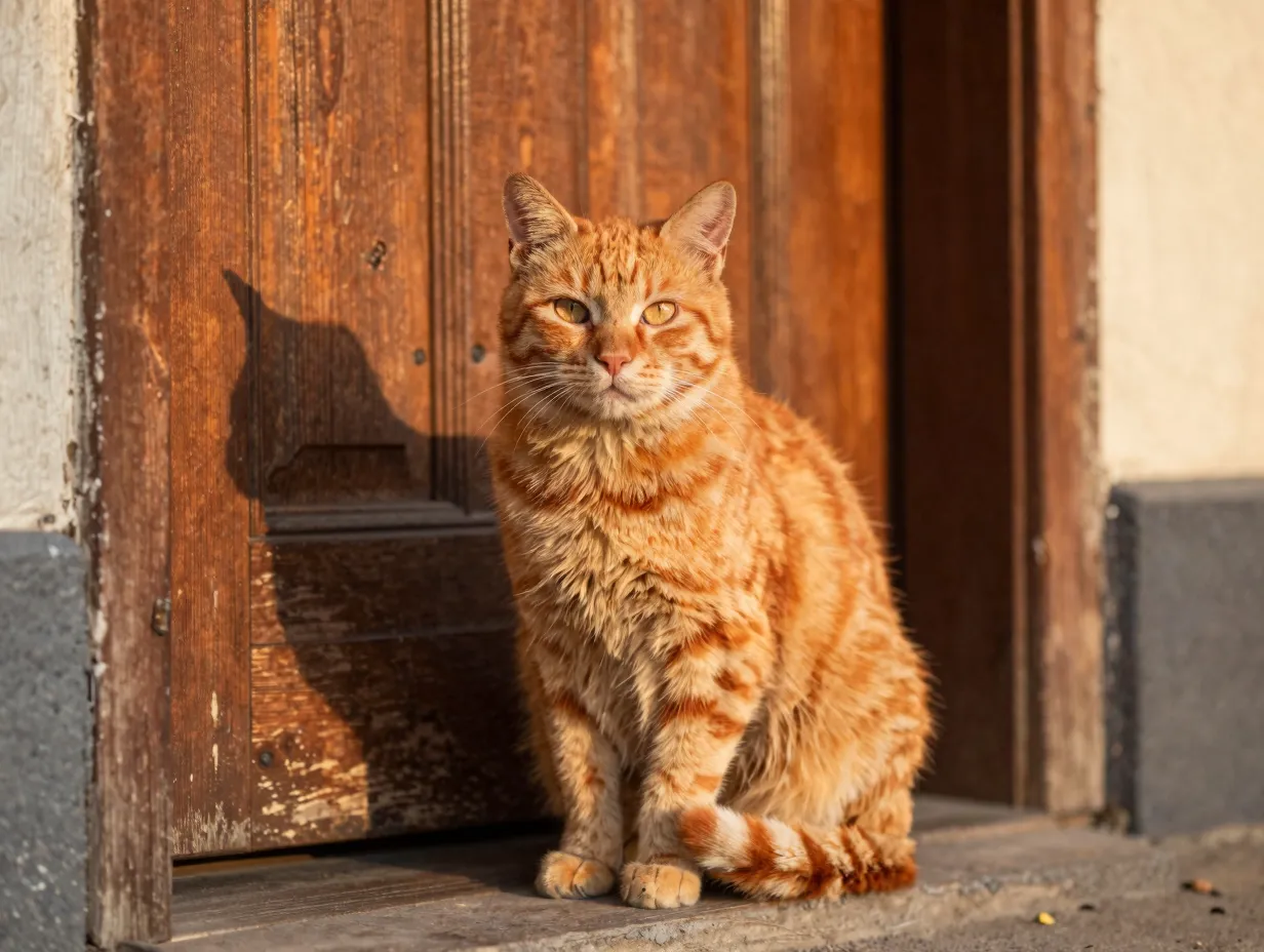 Phoenix orange rescue cat sitting radiantly before wooden door