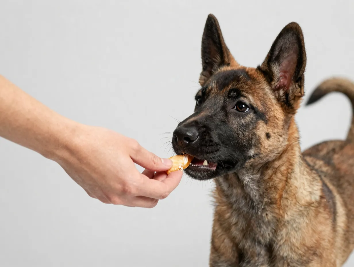 Positive reinforcement belgian malinois puppy rewarded with high value treat