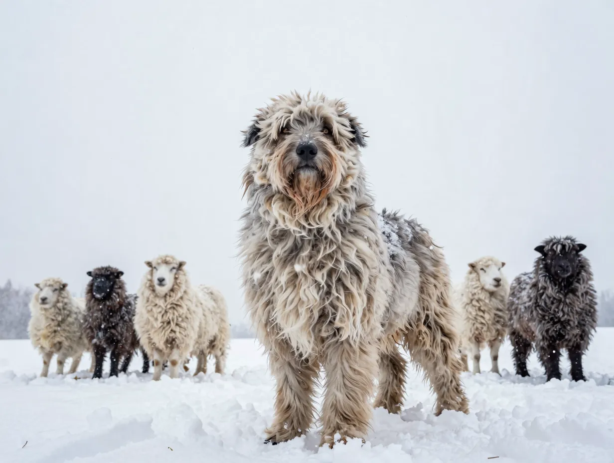 Shaggy sheepdog majestic in snowy winter landscape with snowflakes