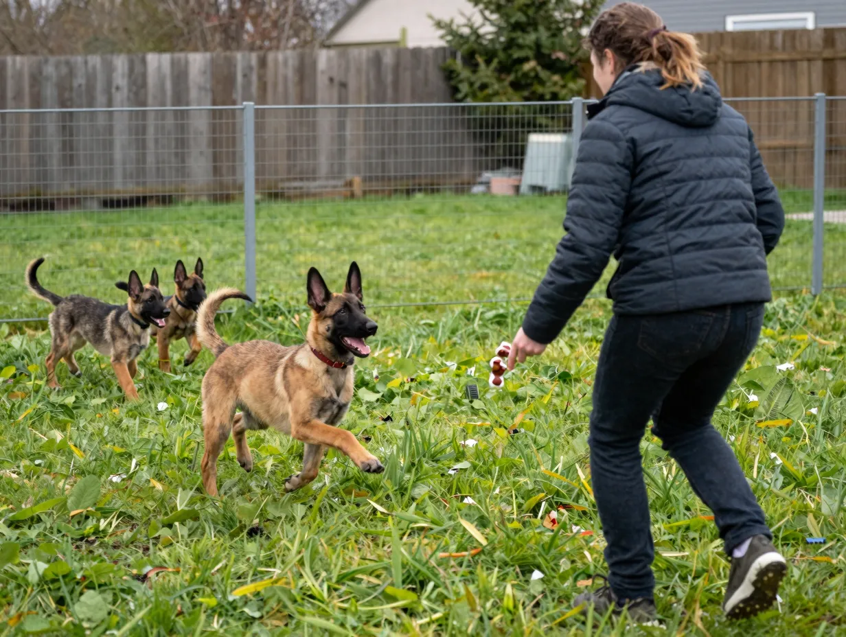 Early recall training belgian malinois puppy chasing person in fenced yard