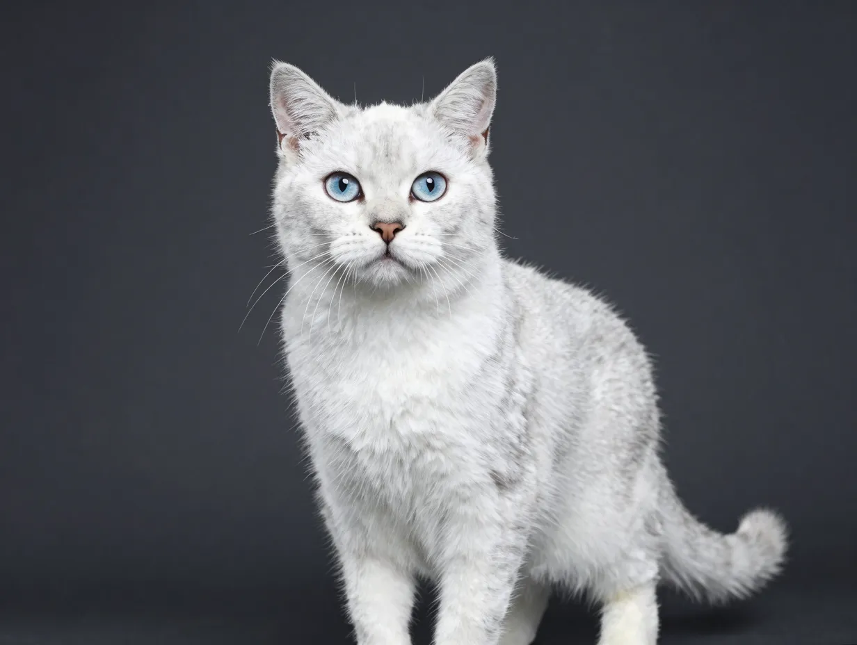 Sirius white cat standing commanding attention bright studio light