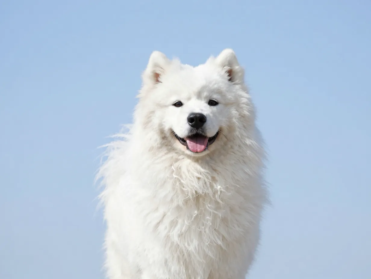 Smiling samoyed against soft pastel blue sky clean editorial look