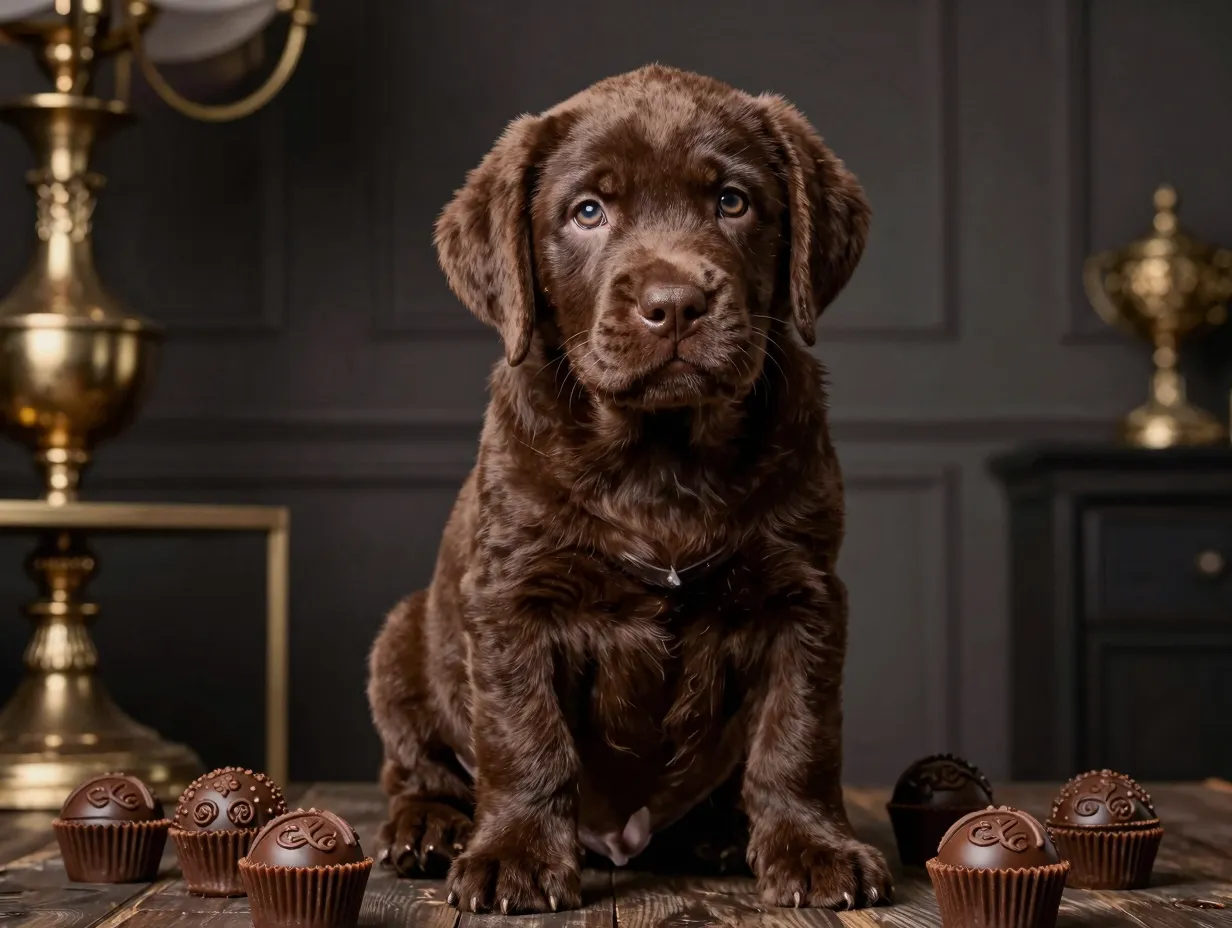A quirky luxurious chocolate lab puppy named truffle