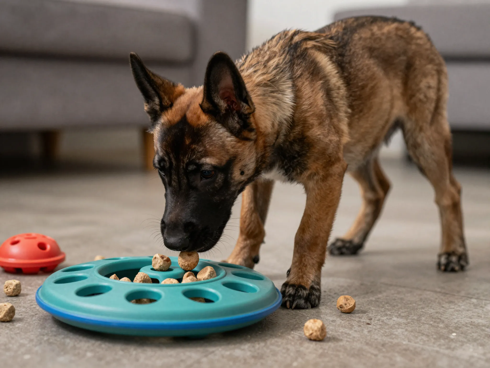 Belgian malinois puppy mental stimulation with puzzle feeder scent work