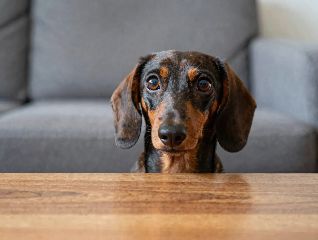 Curious dachshund peeking over edge with expressive focused eyes